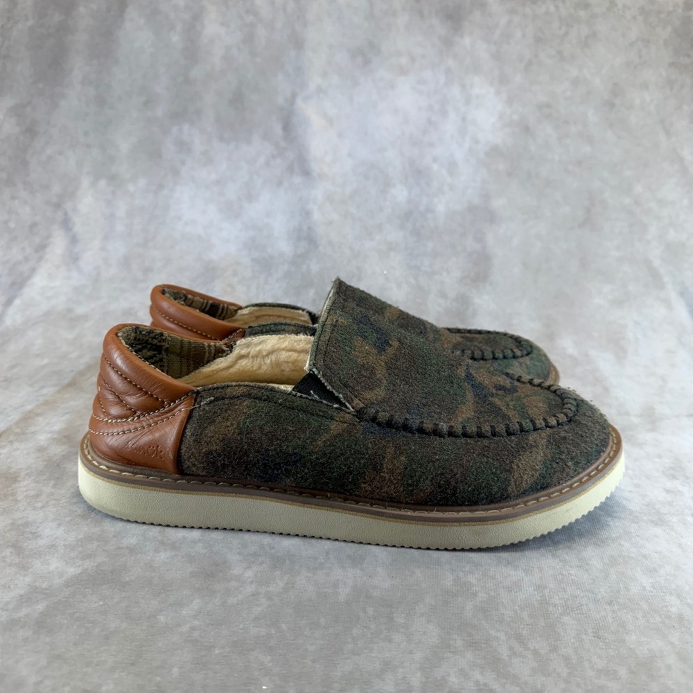 Sanuk Camo Wool Loafers Women 9 Green Brown Faux Shearling Slip On 1134718